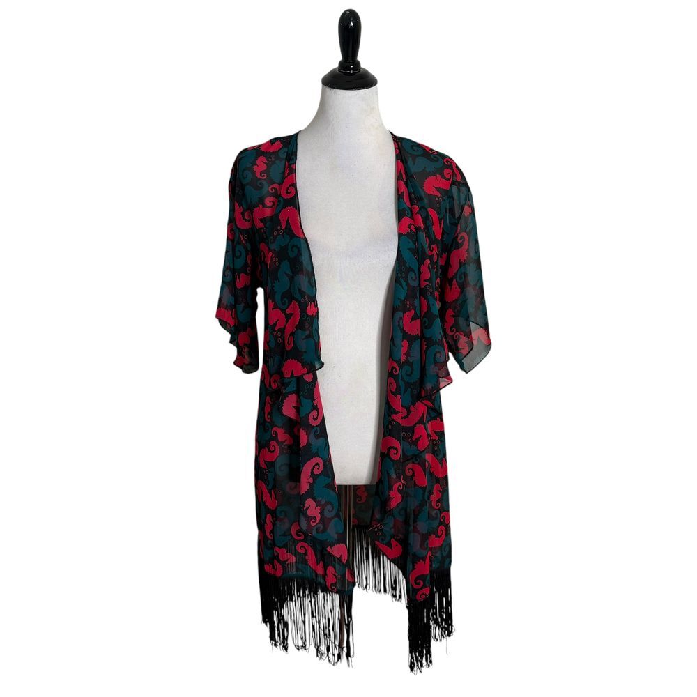 LulaRoe Seahorse Print Kimono Size S Open Front Fringe Trim Layering‎ Sea Life